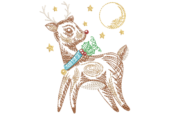 Christmas Reindeer and Moon Embroidery