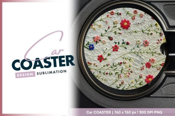 Embroidery Flowers Round Car Coaster PNG