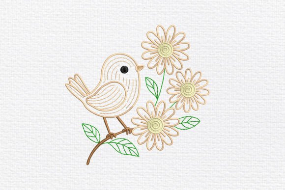 Outline Bird Daisies Embroidery
