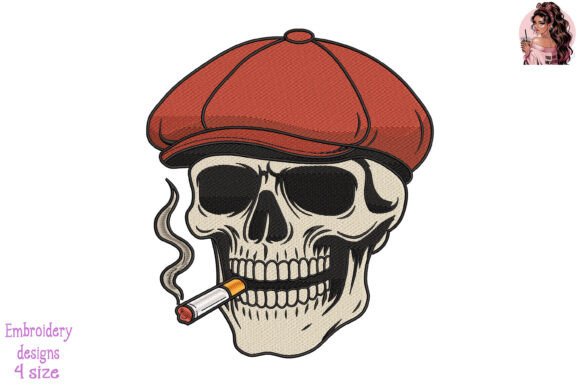 Skull in Red Newsboy Cap Embroidery