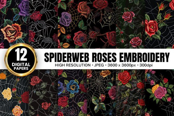 Spiderweb Roses Embroidery Digital Paper